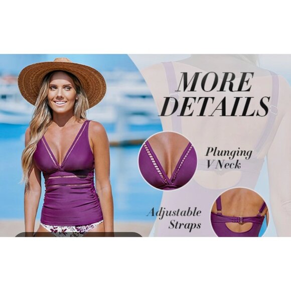 CUPSHE Purple V-Neck Cut-Out Pattern Tankini Adjustable Straps Hook Back Size Sm - Picture 10 of 16